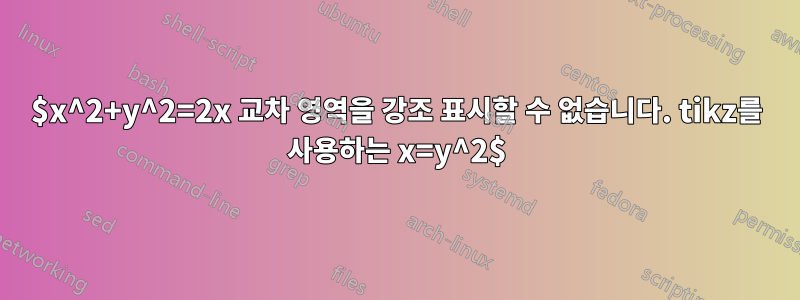 $x^2+y^2=2x 교차 영역을 강조 표시할 수 없습니다. tikz를 사용하는 x=y^2$