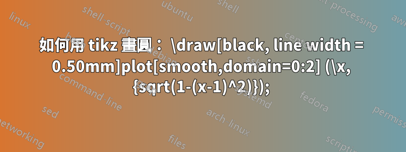 如何用 tikz 畫圓： \draw[black, line width = 0.50mm]plot[smooth,domain=0:2] (\x, {sqrt(1-(x-1)^2)});