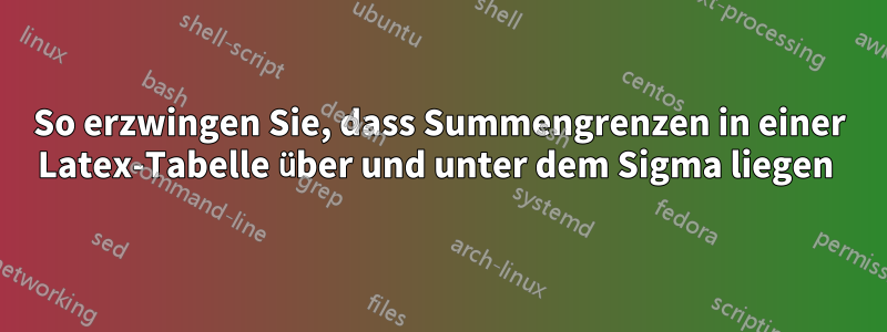 So erzwingen Sie, dass Summengrenzen in einer Latex-Tabelle über und unter dem Sigma liegen 