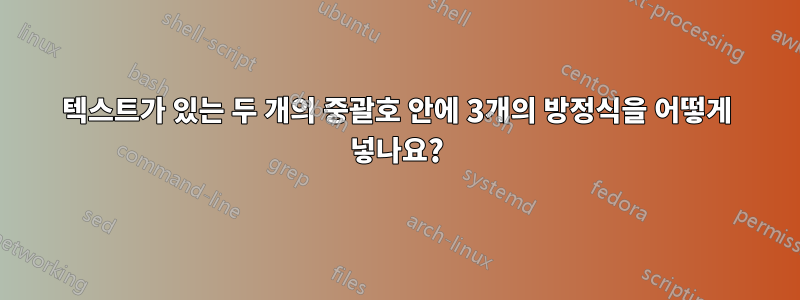 텍스트가 있는 두 개의 중괄호 안에 3개의 방정식을 어떻게 넣나요?