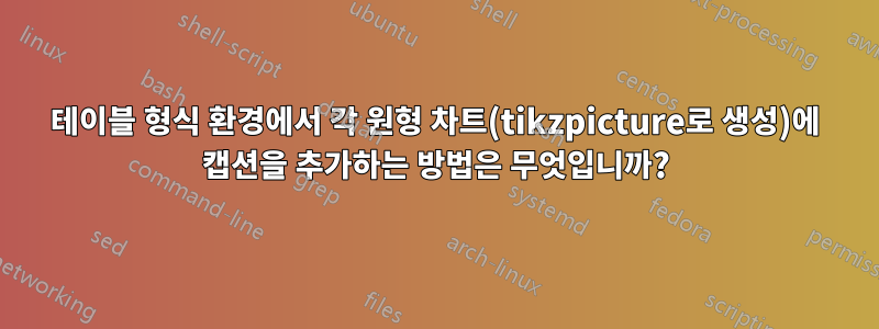 테이블 형식 환경에서 각 원형 차트(tikzpicture로 생성)에 캡션을 추가하는 방법은 무엇입니까?