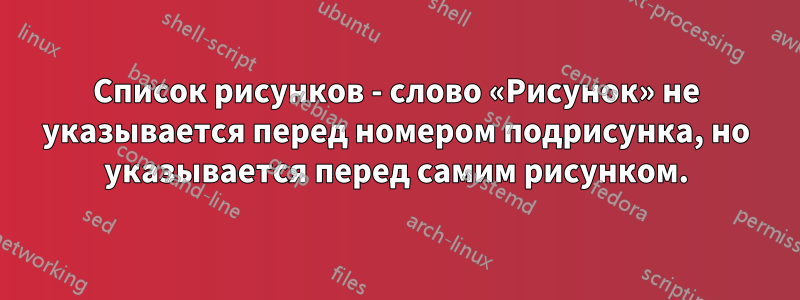 Список рисунков - слово «Рисунок» не указывается перед номером подрисунка, но указывается перед самим рисунком.