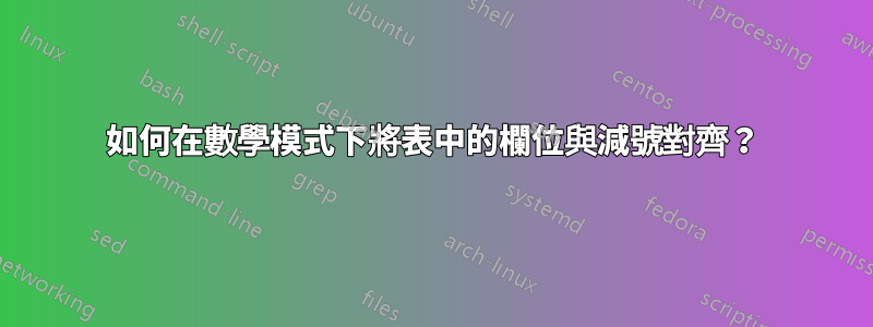如何在數學模式下將表中的欄位與減號對齊？
