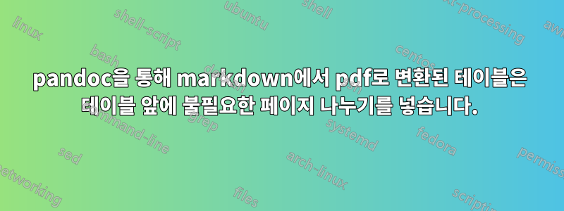 pandoc을 통해 markdown에서 pdf로 변환된 테이블은 테이블 앞에 불필요한 페이지 나누기를 넣습니다.