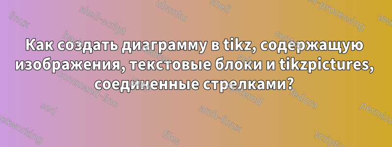 Как создать диаграмму в tikz, содержащую изображения, текстовые блоки и tikzpictures, соединенные стрелками?