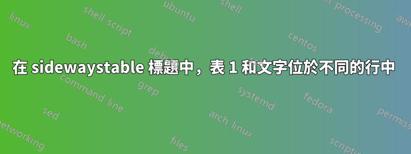 在 sidewaystable 標題中，表 1 和文字位於不同的行中