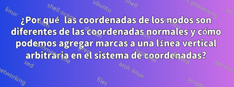 ¿Por qué las coordenadas de los nodos son diferentes de las coordenadas normales y cómo podemos agregar marcas a una línea vertical arbitraria en el sistema de coordenadas?