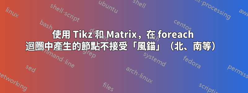 使用 Tikz 和 Matrix，在 foreach 迴圈中產生的節點不接受「風錨」（北、南等）