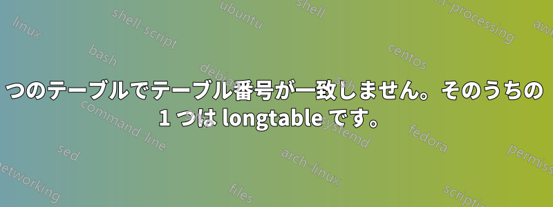 4 つのテーブルでテーブル番号が一致しません。そのうちの 1 つは longtable です。