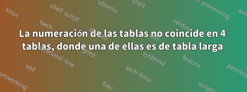 La numeración de las tablas no coincide en 4 tablas, donde una de ellas es de tabla larga