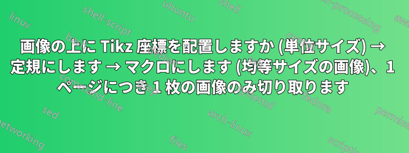 画像の上に Tikz 座標を配置しますか (単位サイズ) → 定規にします → マクロにします (均等サイズの画像)、1 ページにつき 1 枚の画像のみ切り取ります