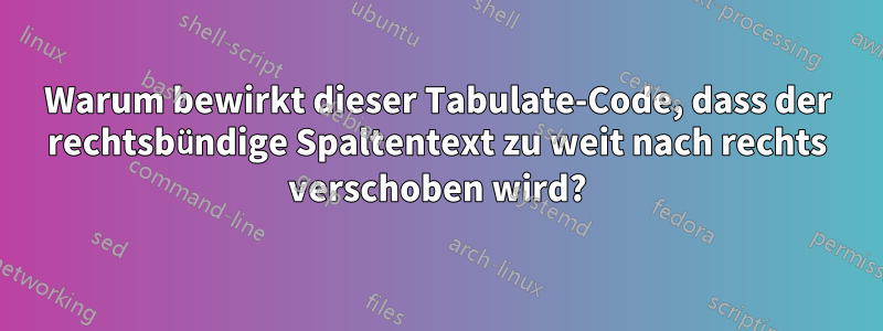 Warum bewirkt dieser Tabulate-Code, dass der rechtsbündige Spaltentext zu weit nach rechts verschoben wird?