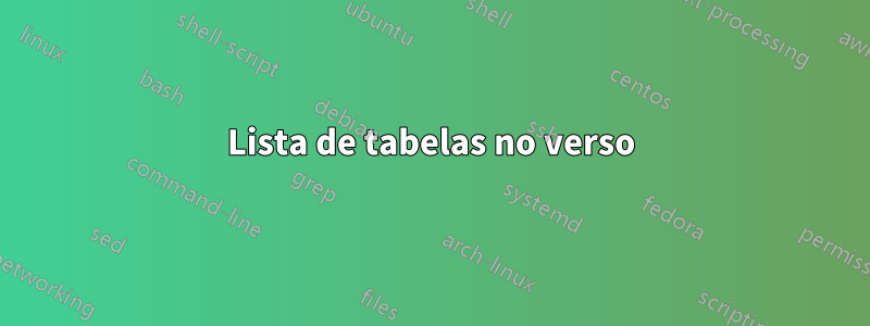 Lista de tabelas no verso