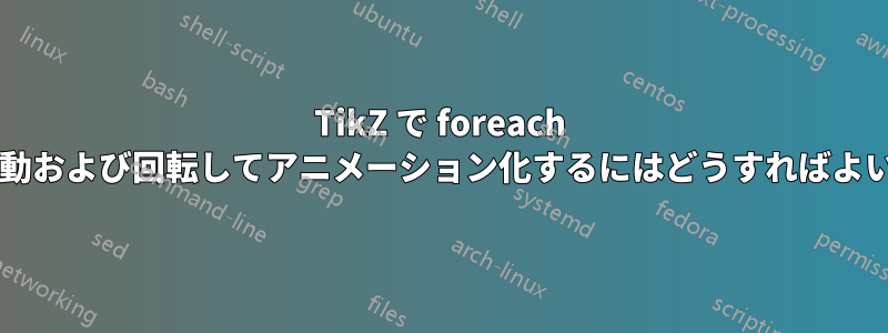 TikZ で foreach ループ内で移動および回転してアニメーション化するにはどうすればよいでしょうか?