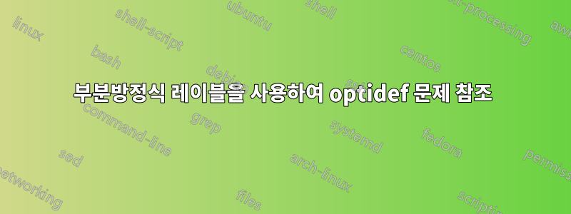 부분방정식 레이블을 사용하여 optidef 문제 참조