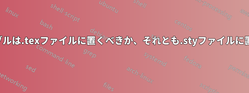 プリアンブルは.texファイルに置くべきか、それとも.styファイルに置くべきか