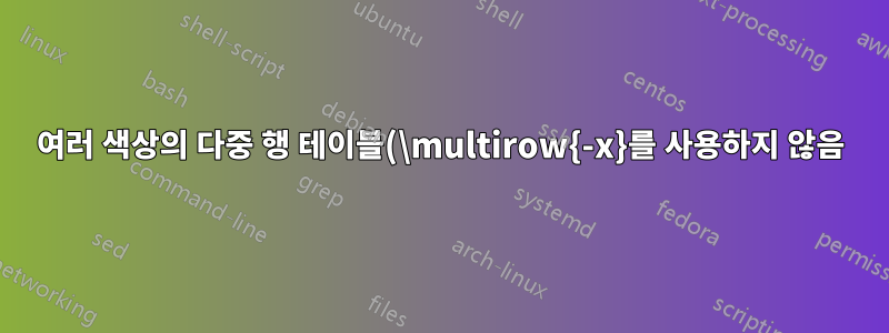 여러 색상의 다중 행 테이블(\multirow{-x}를 사용하지 않음)