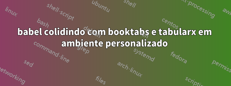 babel colidindo com booktabs e tabularx em ambiente personalizado