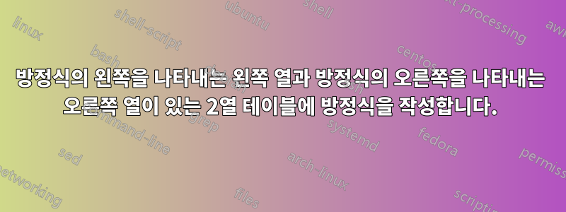 방정식의 왼쪽을 나타내는 왼쪽 열과 방정식의 오른쪽을 나타내는 오른쪽 열이 있는 2열 테이블에 방정식을 작성합니다.