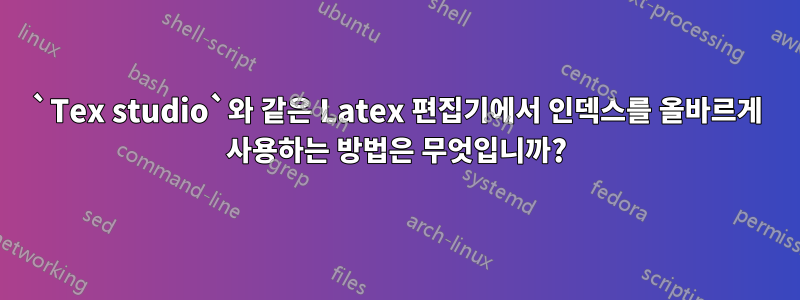 `Tex studio`와 같은 Latex 편집기에서 인덱스를 올바르게 사용하는 방법은 무엇입니까?