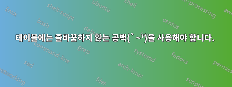 테이블에는 줄바꿈하지 않는 공백(`~')을 사용해야 합니다.