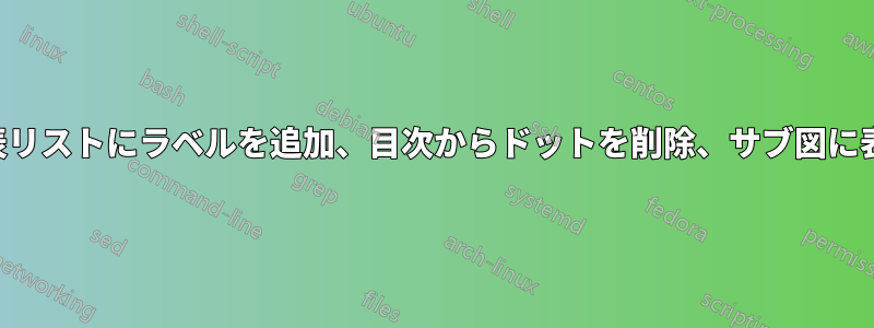 図表リストにラベルを追加、目次からドットを削除、サブ図に表記