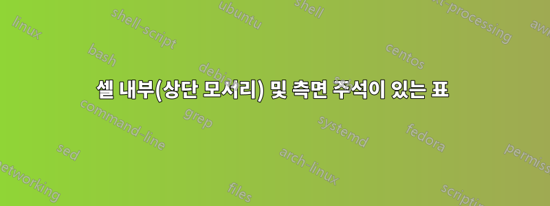 셀 내부(상단 모서리) 및 측면 주석이 있는 표