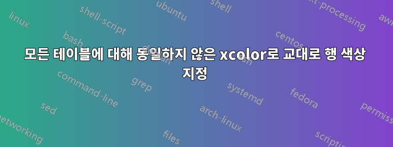 모든 테이블에 대해 동일하지 않은 xcolor로 교대로 행 색상 지정