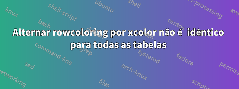 Alternar rowcoloring por xcolor não é idêntico para todas as tabelas