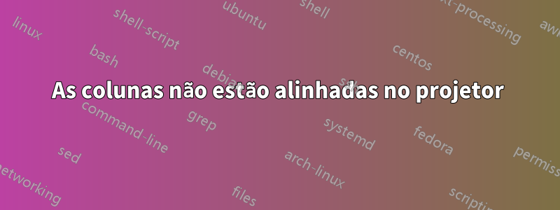 As colunas não estão alinhadas no projetor