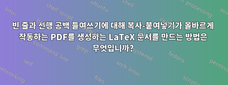 빈 줄과 선행 공백 들여쓰기에 대해 복사-붙여넣기가 올바르게 작동하는 PDF를 생성하는 LaTeX 문서를 만드는 방법은 무엇입니까?