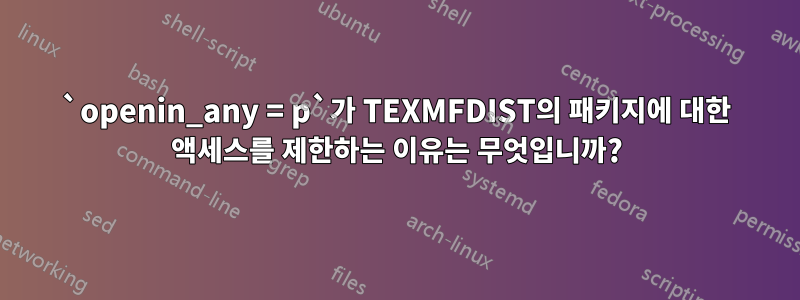 `openin_any = p`가 TEXMFDIST의 패키지에 대한 액세스를 제한하는 이유는 무엇입니까?