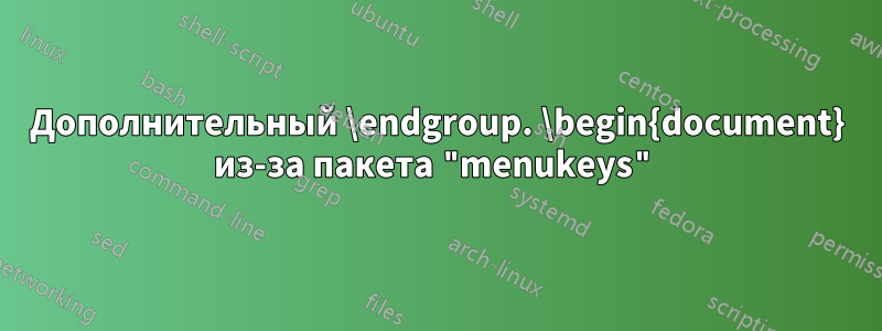 Дополнительный \endgroup. \begin{document} из-за пакета "menukeys"