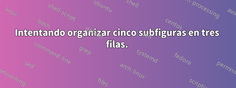 Intentando organizar cinco subfiguras en tres filas.