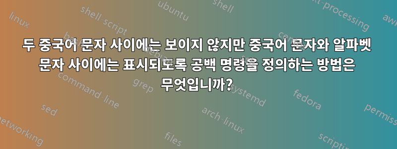 두 중국어 문자 사이에는 보이지 않지만 중국어 문자와 알파벳 문자 사이에는 표시되도록 공백 명령을 정의하는 방법은 무엇입니까?