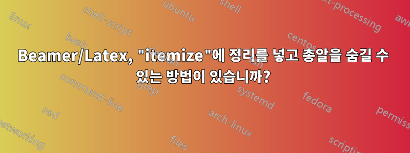 Beamer/Latex, "itemize"에 정리를 넣고 총알을 숨길 수 있는 방법이 있습니까?
