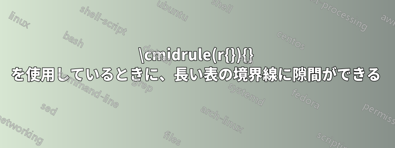 \cmidrule(r{}){} を使用しているときに、長い表の境界線に隙間ができる