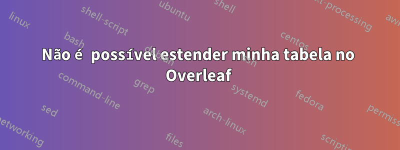 Não é possível estender minha tabela no Overleaf