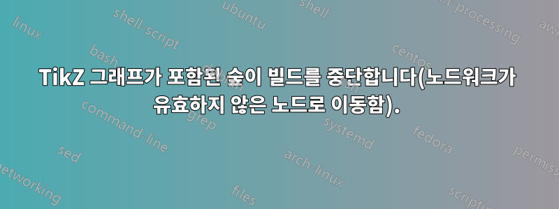 TikZ 그래프가 포함된 숲이 빌드를 중단합니다(노드워크가 유효하지 않은 노드로 이동함).