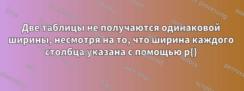 Две таблицы не получаются одинаковой ширины, несмотря на то, что ширина каждого столбца указана с помощью p{}