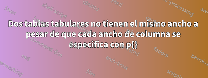 Dos tablas tabulares no tienen el mismo ancho a pesar de que cada ancho de columna se especifica con p{}