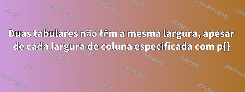 Duas tabulares não têm a mesma largura, apesar de cada largura de coluna especificada com p{}