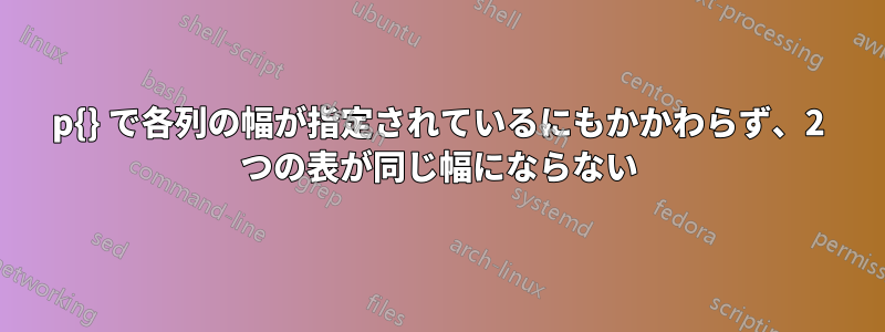 p{} で各列の幅が指定されているにもかかわらず、2 つの表が同じ幅にならない