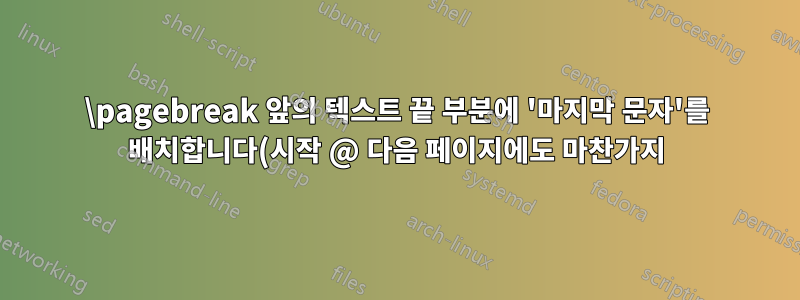 \pagebreak 앞의 텍스트 끝 부분에 '마지막 문자'를 배치합니다(시작 @ 다음 페이지에도 마찬가지).