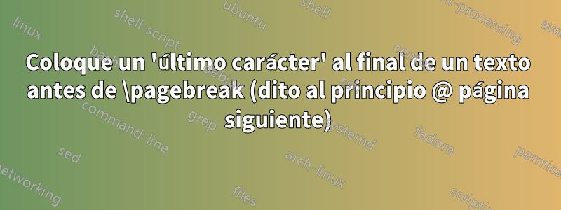 Coloque un 'último carácter' al final de un texto antes de \pagebreak (dito al principio @ página siguiente)