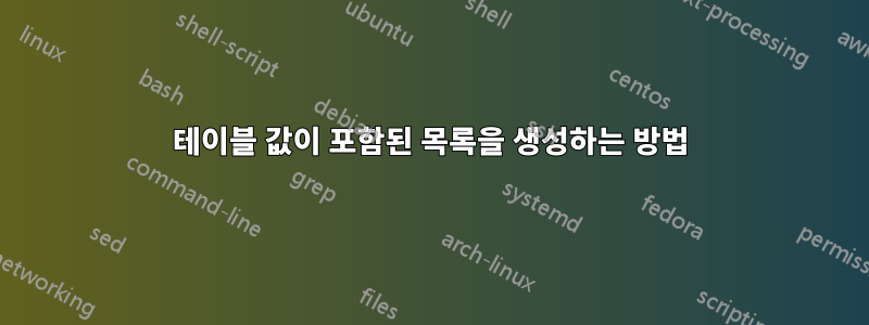 테이블 값이 포함된 목록을 생성하는 방법