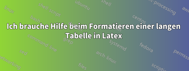 Ich brauche Hilfe beim Formatieren einer langen Tabelle in Latex