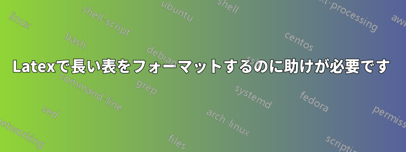 Latexで長い表をフォーマットするのに助けが必要です