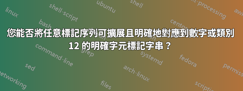您能否將任意標記序列可擴展且明確地對應到數字或類別 12 的明確字元標記字串？