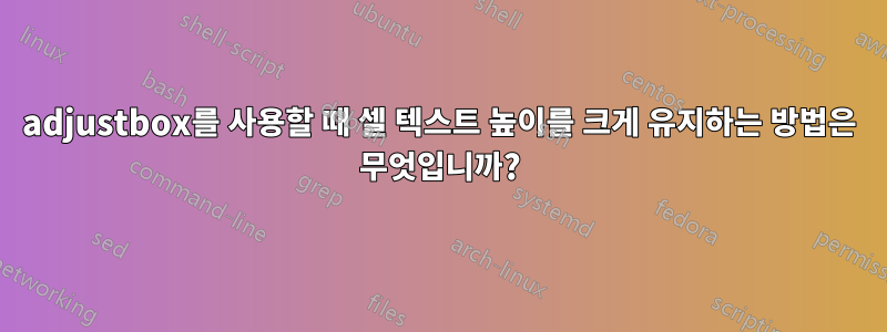 adjustbox를 사용할 때 셀 텍스트 높이를 크게 유지하는 방법은 무엇입니까?